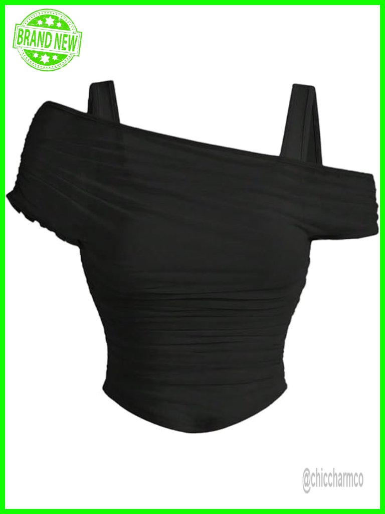 Off Shoulder Mesh Crop Top Ruched Short Sleeve